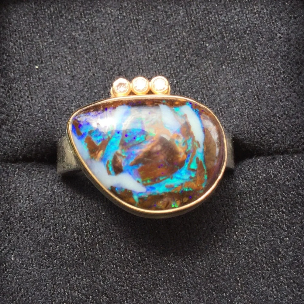 Jamie Joseph Boulder Opal Diamond Sterling Silver Gold Ring Collectible - Picture 2 of 5